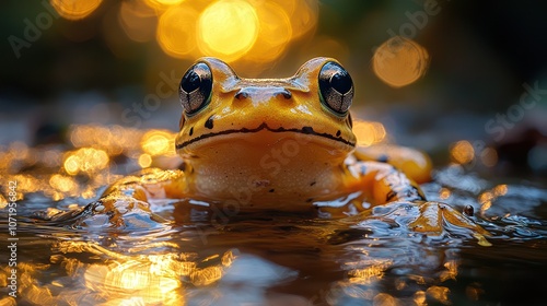 A golden frog Atelopus zeteki with black stain on his natural Panama habitat, golden light illuminating, capturing the intricate details of his yellow an black skin and expression, photorealistic photo