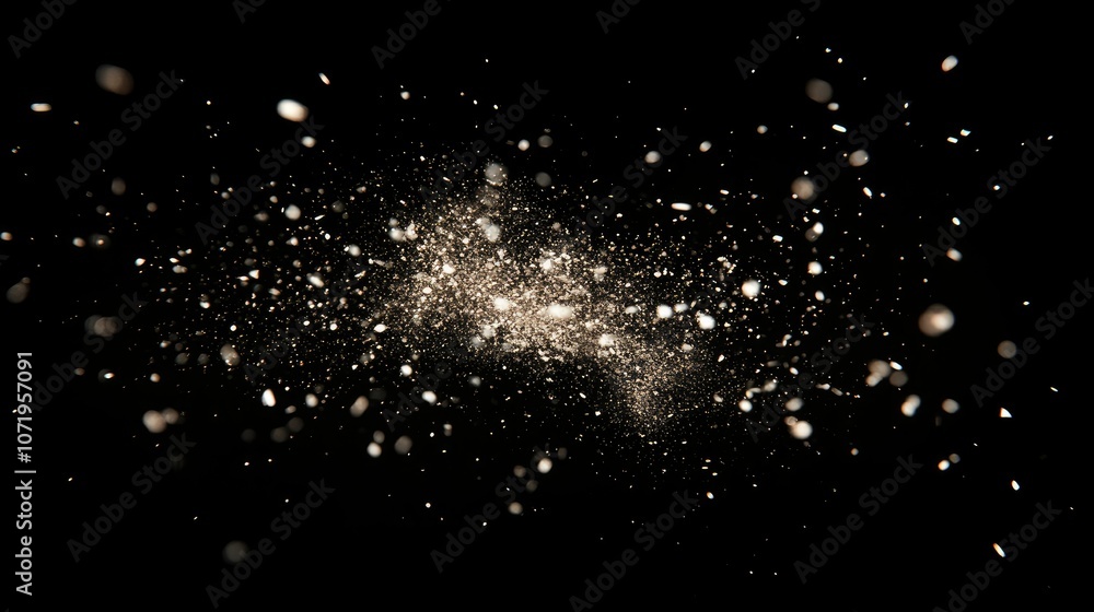 White granular particles of dust explosion on a pitch black background White granular particles of dust explosion on a pitch black background