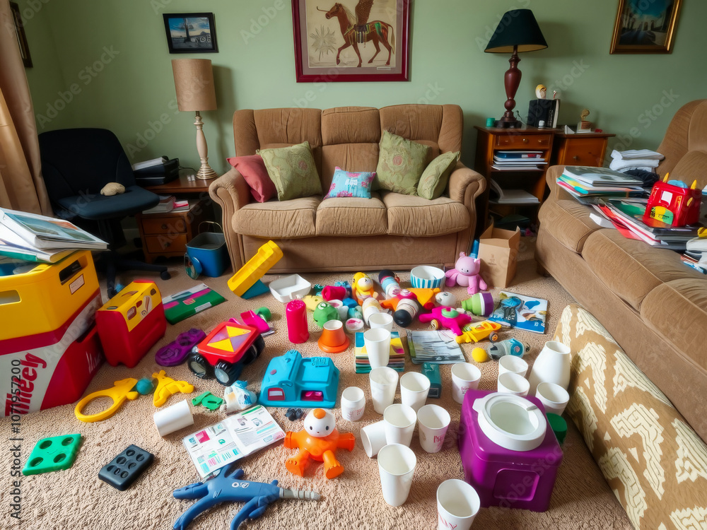 A messy living room with a lot of toys and a box labeled
