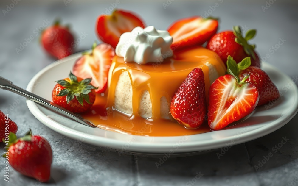A plate of vanilla pudding topped with caramel sauce and fresh strawberries, ready for a sweet treat A plate of vanilla pudding topped with caramel sauce and fresh strawberries, ready for a sweet treat