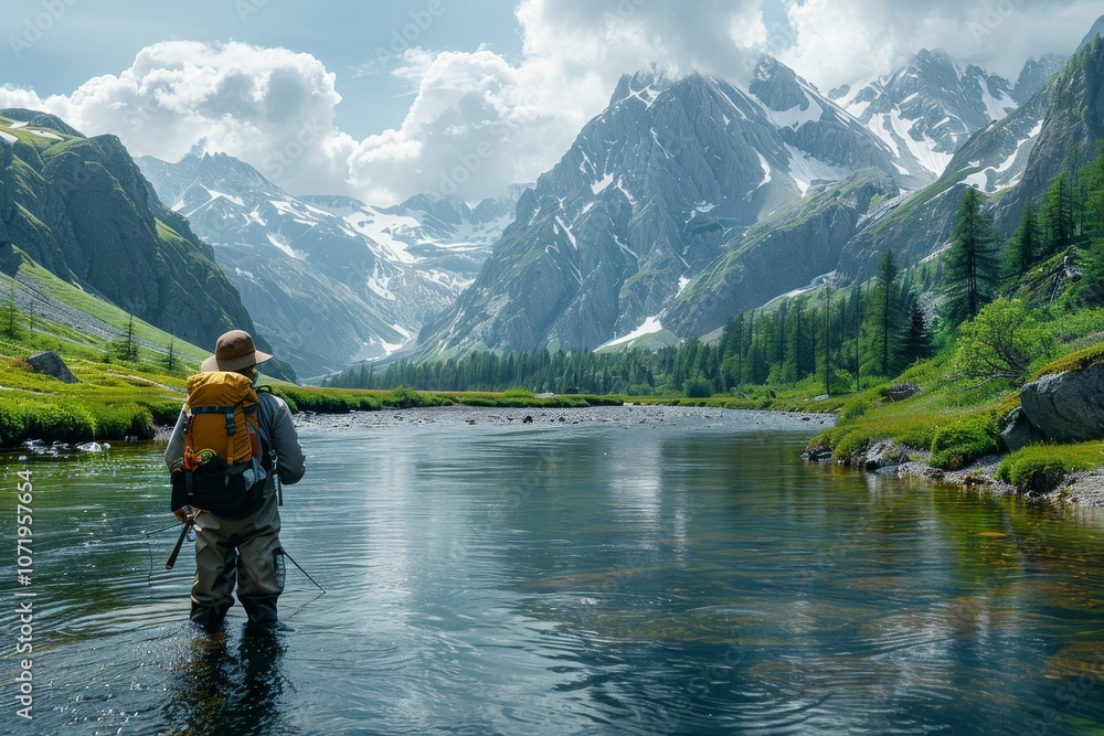 Fly Fishing in Mountain River with Snowcapped Mountain Peaks in the Distance Fly Fishing in Mountain River with Snowcapped Mountain Peaks in the Distance