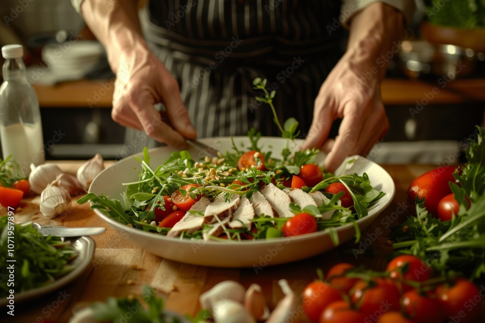 Chef preparing fresh arugula salad with chicken and tomatoes Chef preparing fresh arugula salad with chicken and tomatoes
