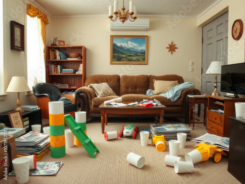Obraz na płótnie A messy living room with a couch, a coffee table, and a television. The room is cluttered with toys, books, and other items w salonie