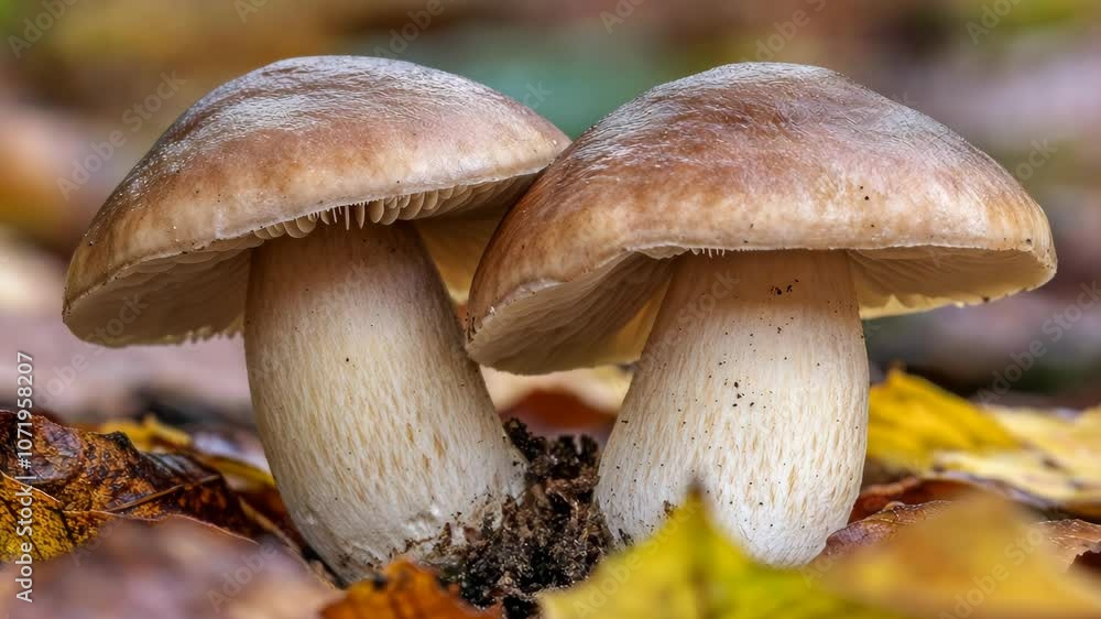 Two mushrooms grow side-by-side in a forest, surrounded by fallen leaves Two mushrooms grow side-by-side in a forest, surrounded by fallen leaves