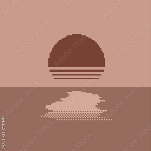 Simple Abstract Sunset Reflected in Water, Pixel Art Style Minimal Artwork