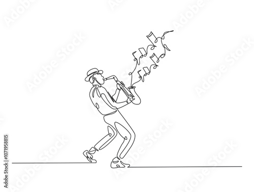 Continuous one line drawing of man holding Saxophone with note music. Saxophone player single line art vector illustration. Editable vector.
