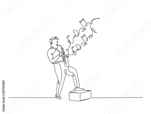 Continuous one line drawing of man holding Saxophone with note music. Saxophone player single line art vector illustration. Editable vector.