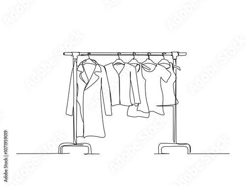 Continuous one line drawing of female clothes hanging on rail stand. Dress hanging on rail stand single line art vector illustration. Editable vector.