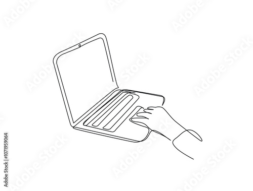 Continuous one line drawing of hand on notebook. Laptop single line art vector illustration. Editable vector.