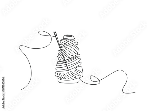Continuous one line drawing of sewing needle on spool of thread. Spool of thread single line art vector illustration. Editable vector.
