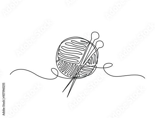 Continuous one line drawing of wool yarn and knitting needles. yarn and knitting needles single line art vector illustration. Editable vector.