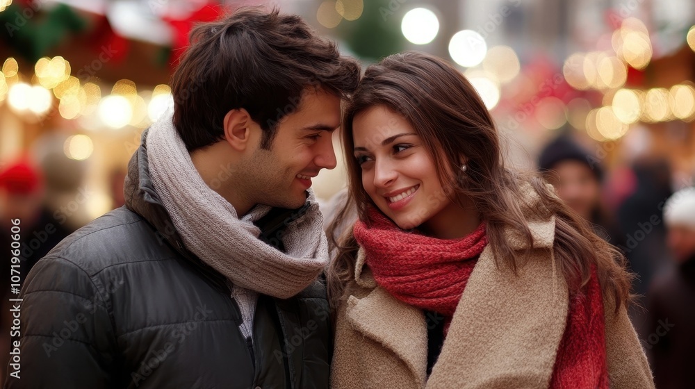 Fototapeta premium Young Couple Shopping for Winter Coats in Festive Holiday Mall