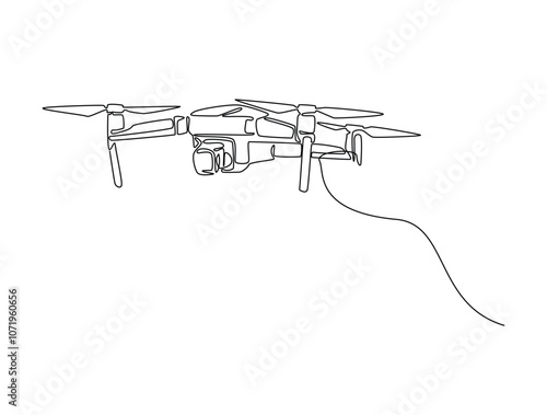 Continuous one line drawing of flying drone aircraft. Drone single line art vector illustration. Editable vector.