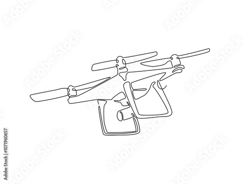 Continuous one line drawing of flying drone aircraft. Drone single line art vector illustration. Editable vector.