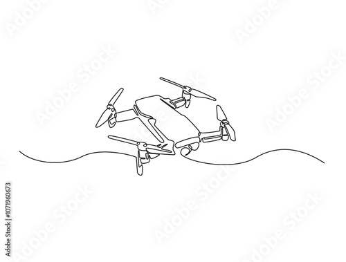 Continuous one line drawing of flying drone aircraft. Drone single line art vector illustration. Editable vector.