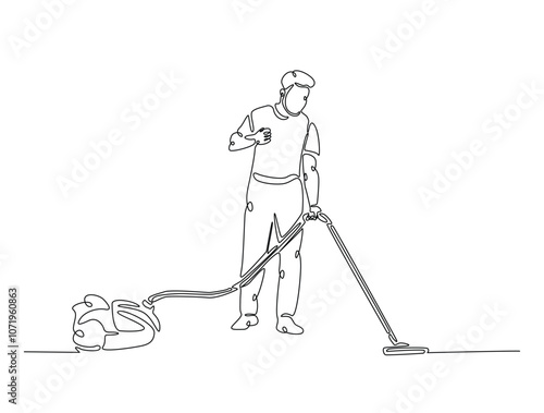 Continuous one line drawing of housekeeper cleaner work using vacuum cleaner. Cleaning service and vacuum cleaner single line art vector illustration. Editable vector.