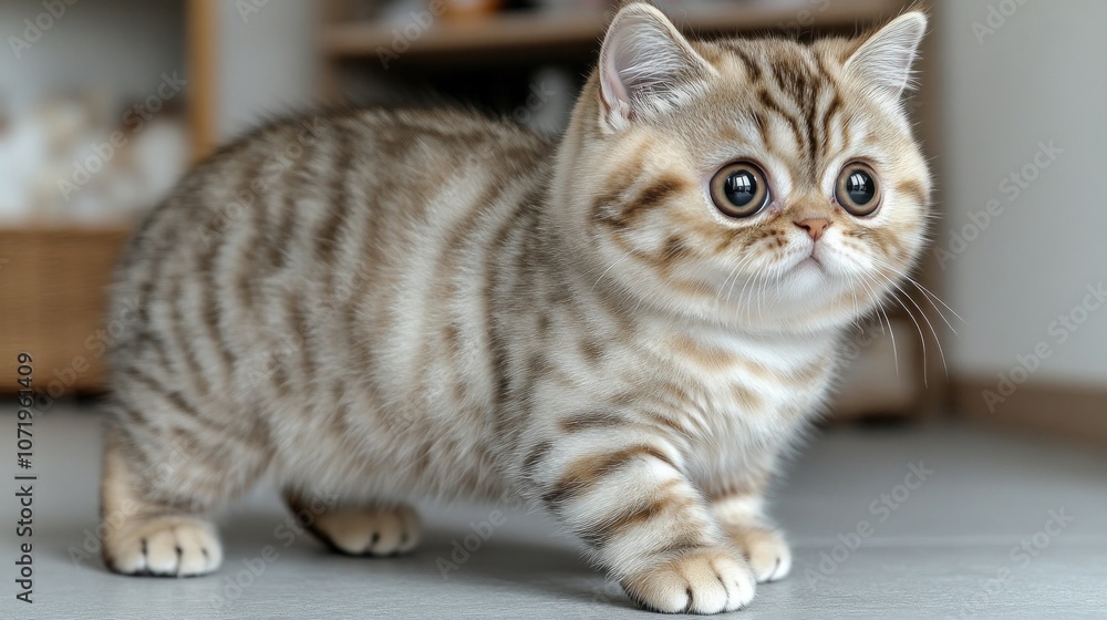 A curious striped kitten wanders around its comfortable, cozy home space A curious striped kitten wanders around its comfortable, cozy home space