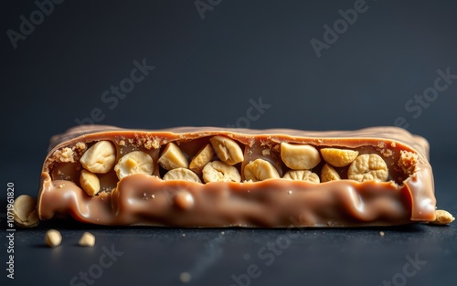 A close-up view of a chocolate bar with nuts, broken in half, on a dark background photo