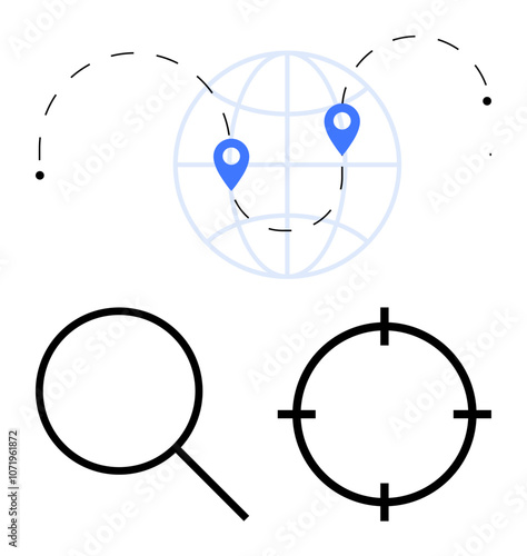 Glowing globe with navigation pins, magnifying glass, and crosshair icon signify searching locations. Ideal for global navigation, travel, search optimization, targeting, GPS services, map