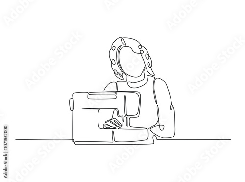 Continuous one line drawing of woman sews using sewing machine. The fashion designer work with sewing machine single line art vector illustration. Editable vector.