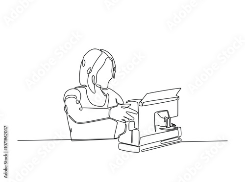 Continuous one line drawing of woman sews using sewing machine. The fashion designer work with sewing machine single line art vector illustration. Editable vector.