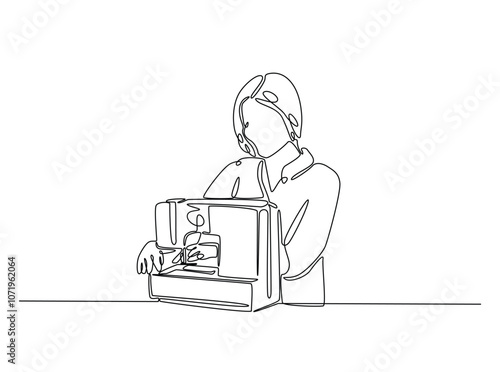 Continuous one line drawing of woman sews using sewing machine. The fashion designer work with sewing machine single line art vector illustration. Editable vector.