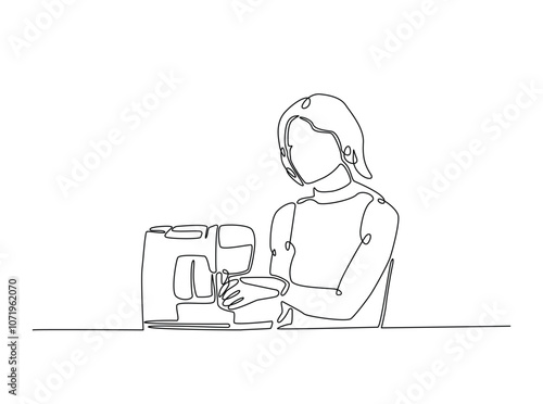 Continuous one line drawing of woman sews using sewing machine. The fashion designer work with sewing machine single line art vector illustration. Editable vector.
