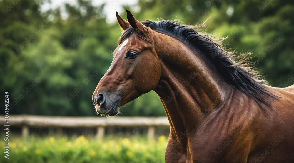 Obraz premium Beautiful brown horse standing in a lush green pasture