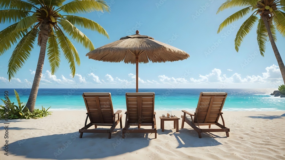 Obraz premium Relaxing beach chairs under umbrella with ocean view and tropical palm trees in background