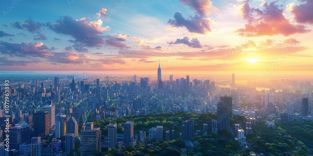 Fototapeta premium Sunrise over a vibrant cityscape