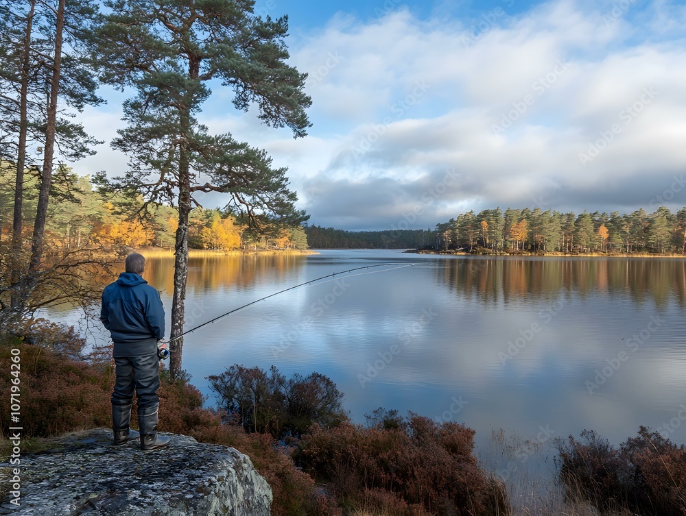 Fototapeta premium Man Fishing on a Calm Lake in Autumn
