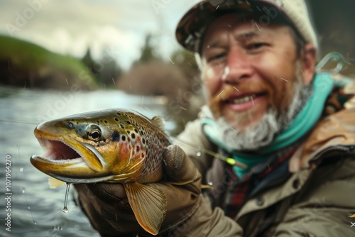 A fisherman holds a brown trout he caught in a river. photo