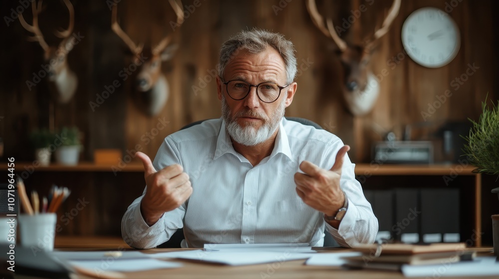 A senior man, in an office setting with antlers on walls behind, confidently gives two thumbs up, representing accomplishment and positive affirmation. A senior man, in an office setting with antlers on walls behind, confidently gives two thumbs up, representing accomplishment and positive affirmation.