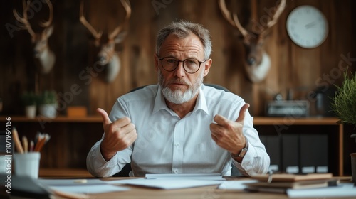 A senior man, in an office setting with antlers on walls behind, confidently gives two thumbs up, representing accomplishment and positive affirmation.