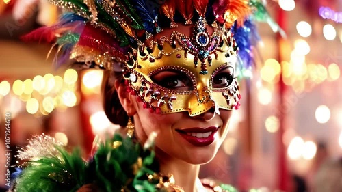 Colorful masquerade dancer smiling during a festive celebration