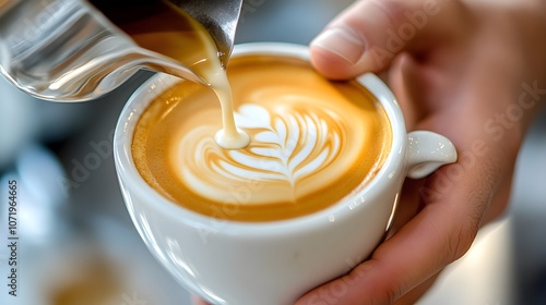 Close-up of a hand pouring steamed milk into a cup of coffee with latte art.