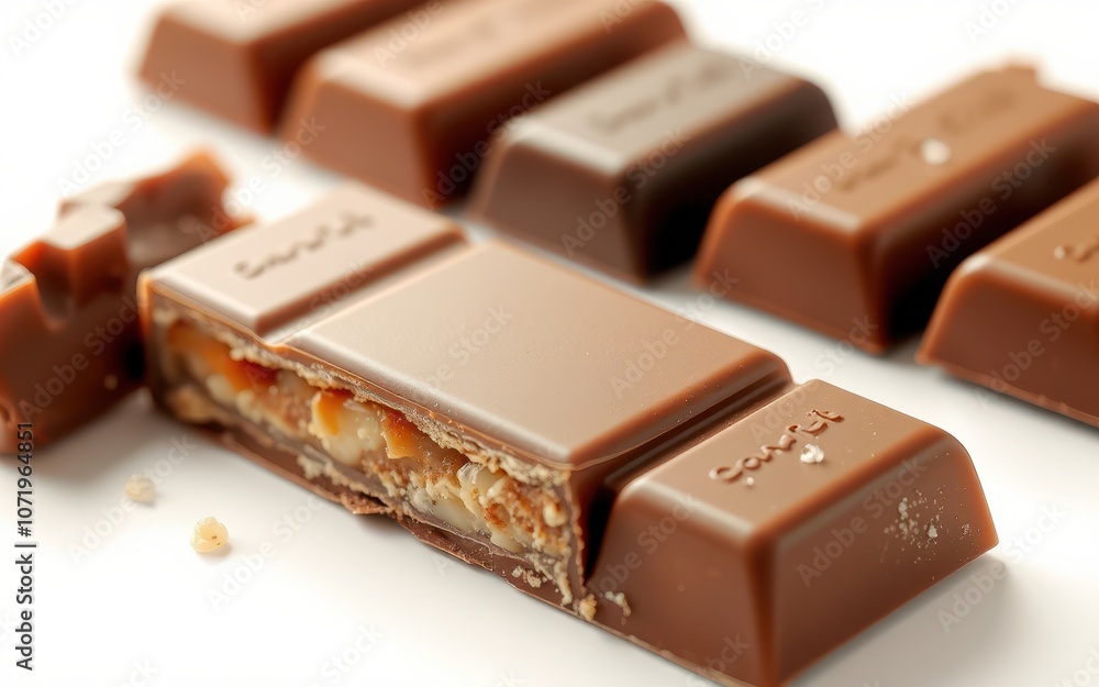 A broken chocolate bar with a caramel and nut filling rests on a white surface, surrounded by other whole chocolate bars A broken chocolate bar with a caramel and nut filling rests on a white surface, surrounded by other whole chocolate bars