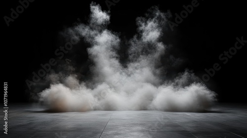 Dense formations of smoke billow in a low-lit, spacious area, producing an atmosphere of mystery, intrigue, and undefined boundaries, accentuated by shadows. photo