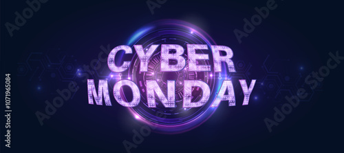 Bright Cyber ​​Monday web banner. Light purple banner with text and bright LED background. Bright abstract web banner for sale and advertising design. Vector