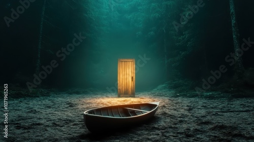 A solitary boat rests beside a glowing door in a dark, mystical forest, inviting thoughts of exploration, mystery, and a portal to the unknown in a magical setting. photo