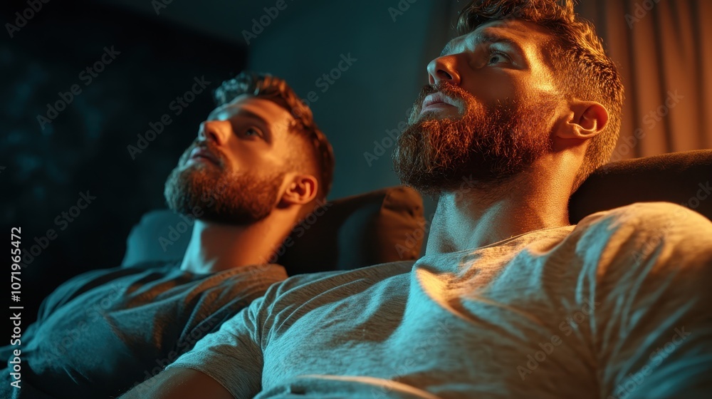 Obraz premium Two men with beards are seated in low light, gazing intensely at an unseen object, captured with focused attention and a dramatic lighting setting.