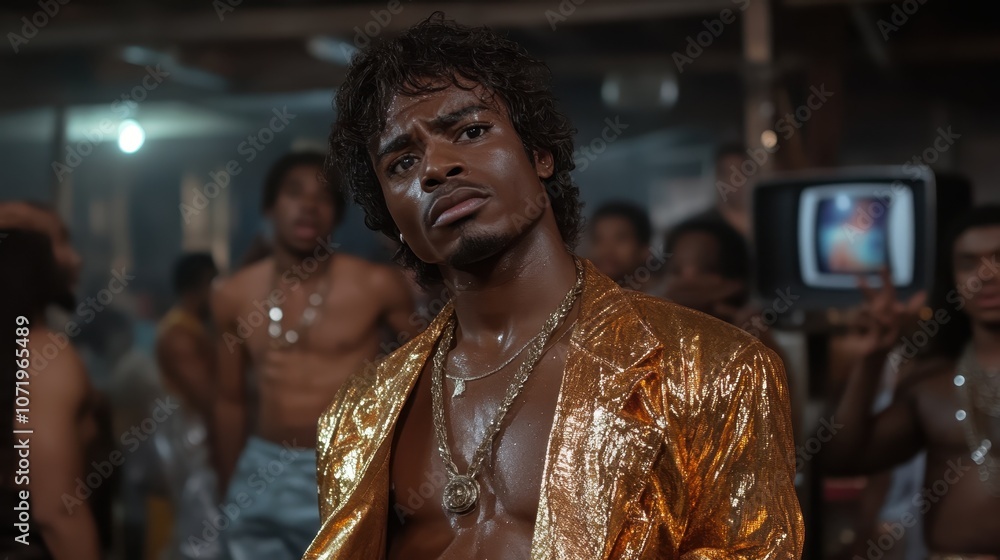 A determined man in a gold jacket stands in a crowded room, conveying a sense of intensity and focus, amidst a backdrop of nightlife and urban culture. A determined man in a gold jacket stands in a crowded room, conveying a sense of intensity and focus, amidst a backdrop of nightlife and urban culture.