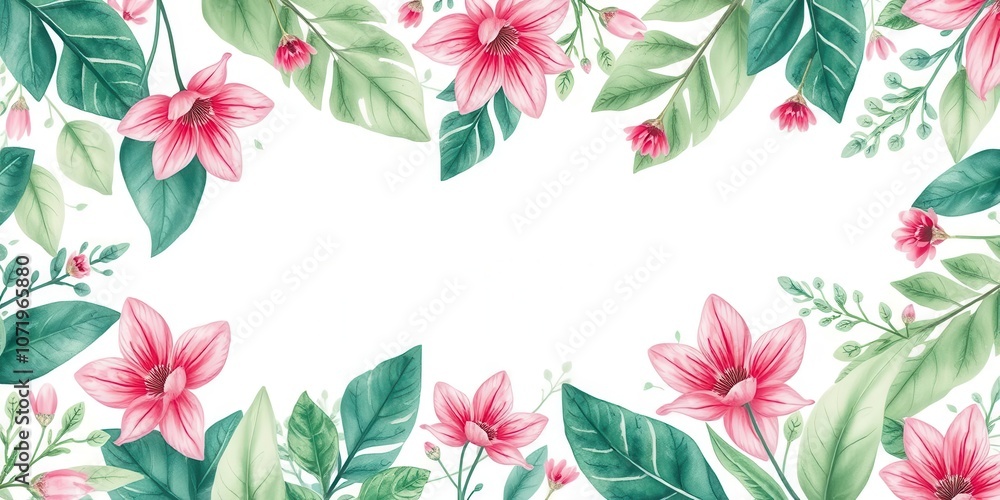 Obraz premium Watercolor floral pattern with vibrant pink and green petals and leaves, nature, illustration, leaves