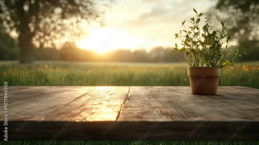 A single plant in a terracotta pot sits on a wooden table, warmly illuminated by the setting sun, capturing serenity and connection with nature in a peaceful outdoor environment. A single plant in a terracotta pot sits on a wooden table, warmly illuminated by the setting sun, capturing serenity and connection with nature in a peaceful outdoor environment.