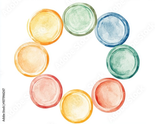 A colorful watercolor circle of plates, ideal for artistic and creative designs. photo