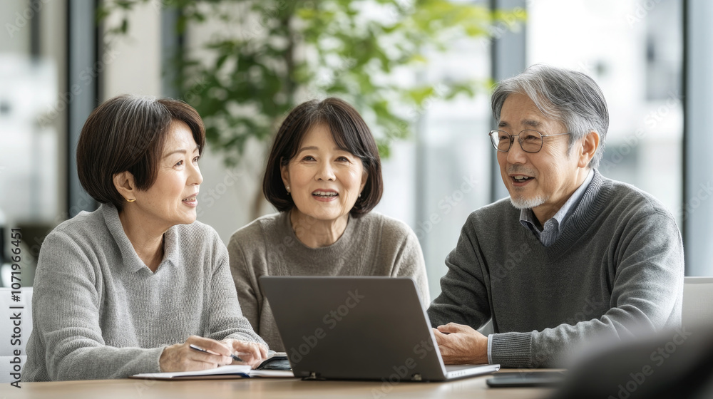Young Asian women are introducing insurance products to elderly couples Young Asian women are introducing insurance products to elderly couples
