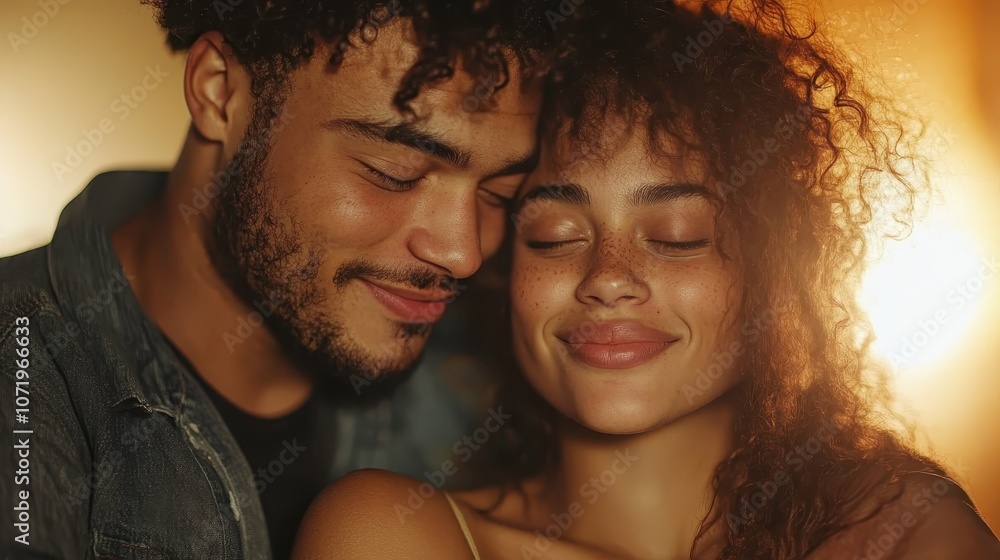 A loving couple embrace each other with their eyes gently closed, exuding warmth and tenderness, while illuminated by a soft, golden light setting. A loving couple embrace each other with their eyes gently closed, exuding warmth and tenderness, while illuminated by a soft, golden light setting.