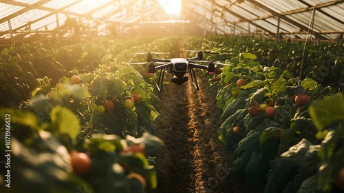 Drone surveys vibrant greenhouse, ripe tomatoes basking in golden sunlight. Precision agriculture at its finest! photo