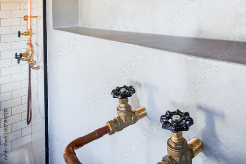 Detail of retro style shower tap made with copper, Airbnb style bathroom decoration, walls covered with waxed concrete,  renovation of an old countryside house, seasonal rental, Provence, France