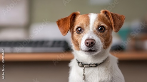 A small brown and white dog sits upright near a computer keyboard with an expression of curiosity and attentiveness, portraying the essence of an inquisitive pet. photo